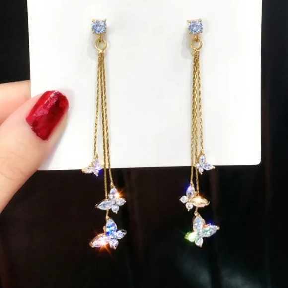 Gold Butterfly Drop Elegant Earrings - Picture 1 of 7